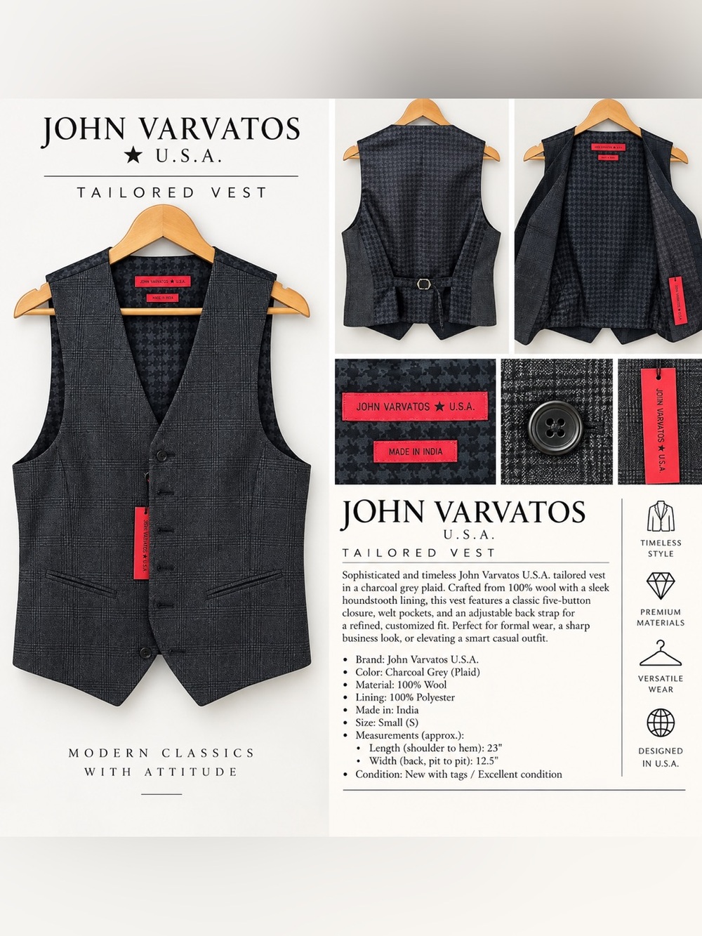 John Varvatos Charcoal Grey Houndstooth Wool Tailored Vest